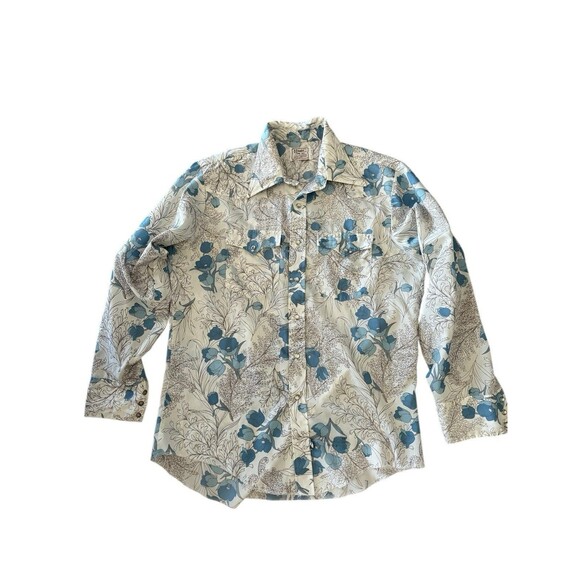 VTG H Bar C Ranchwear Blue Floral Pearl Snap Shirt Long‎ Tail Men’s 16.5 / 35 - Picture 1 of 7